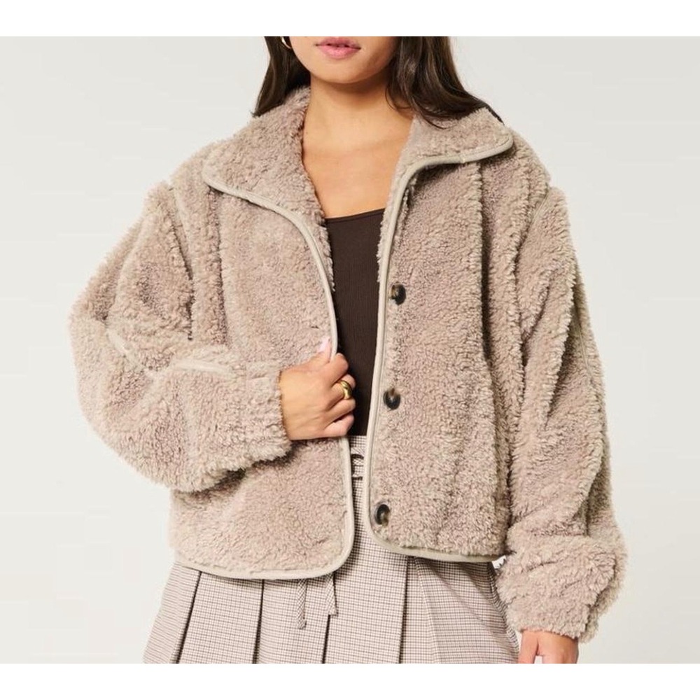Hollister Sherpa Bomber Varsity Jacket Teddy Bear Coat Sz XL Camel Womens